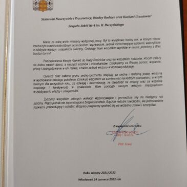 List od Przewodniczącego Rady Miasta do społeczności „Baczyńskiego”